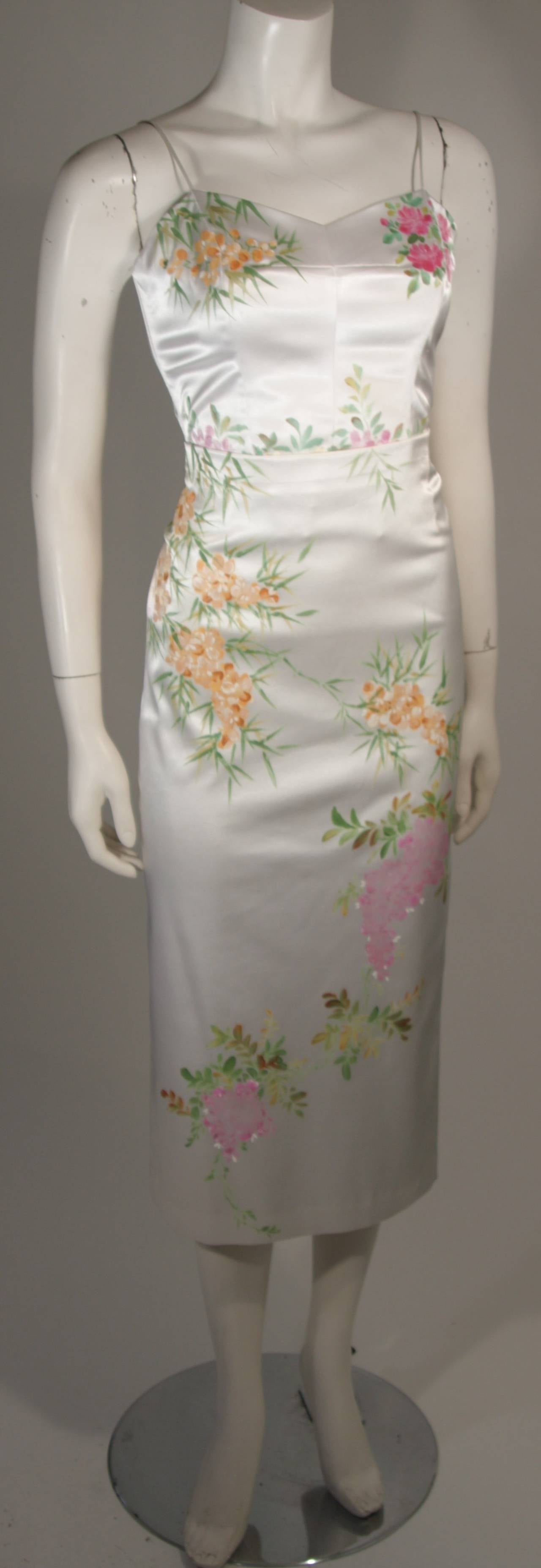 Gray Mandalay White Stretch Silk Skirt Ensemble w. Painted floral design Sz Small For Sale