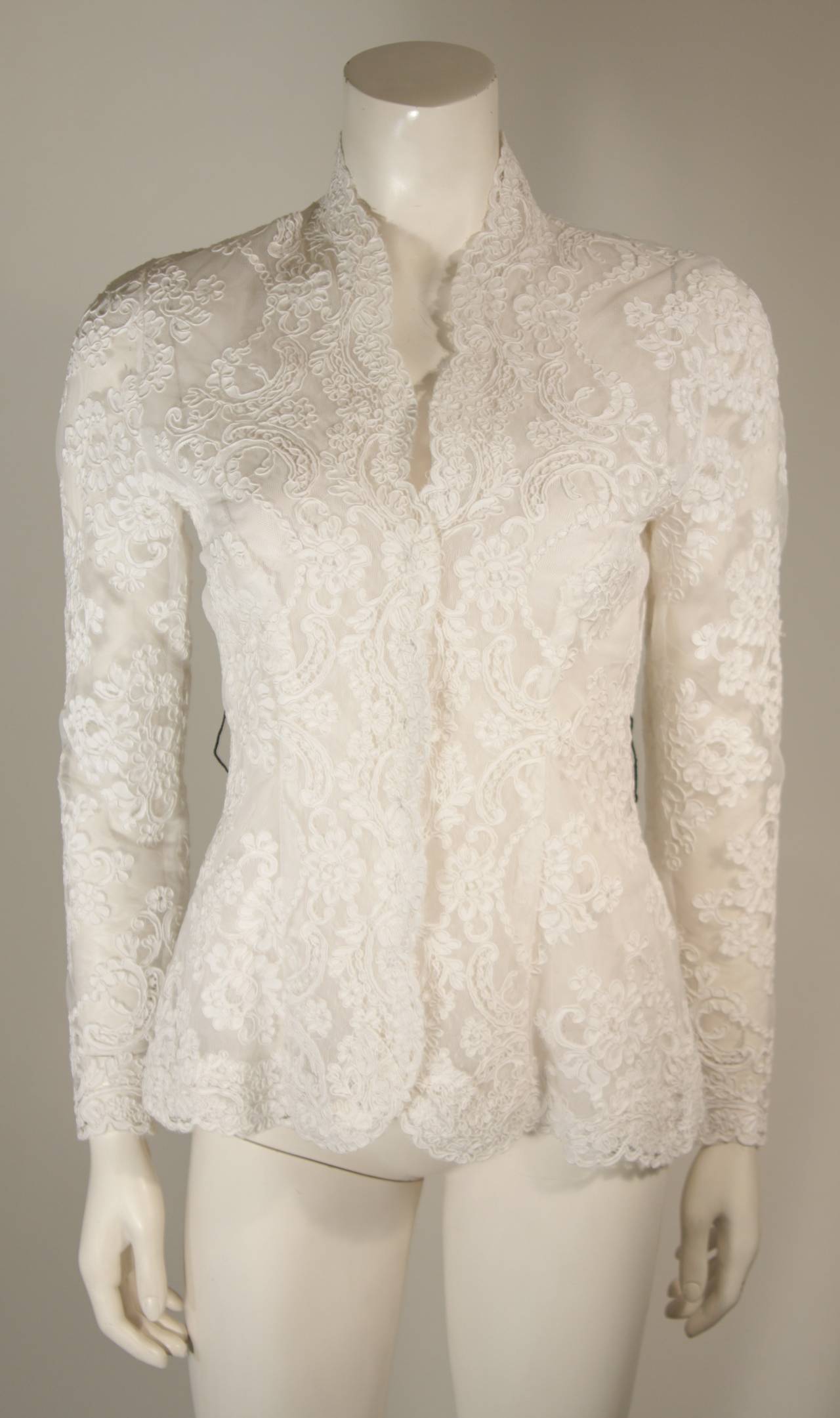 Victor Costa White Lace Scalloped Edge Long Sleeve Blouse Size 4 6 8 ...