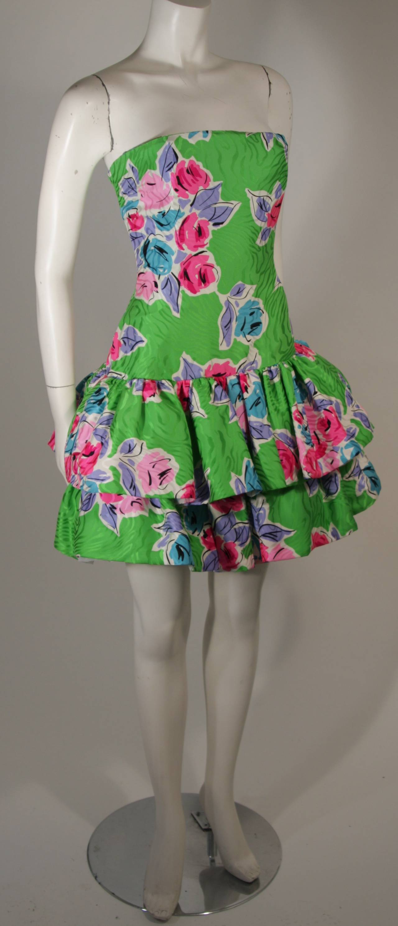 SCAASI Green Tropical Silk Cocktail Dress & Hot Pink Contrast Ruffle Wrap Size 4 2