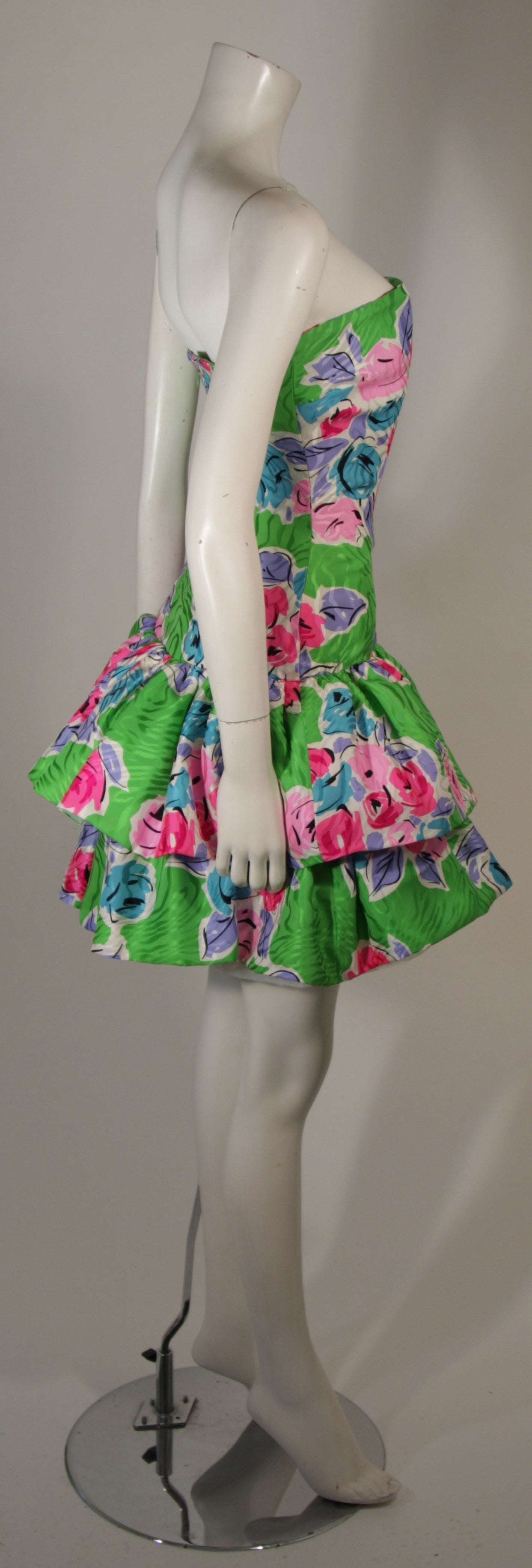 SCAASI Green Tropical Silk Cocktail Dress & Hot Pink Contrast Ruffle Wrap Size 4 1