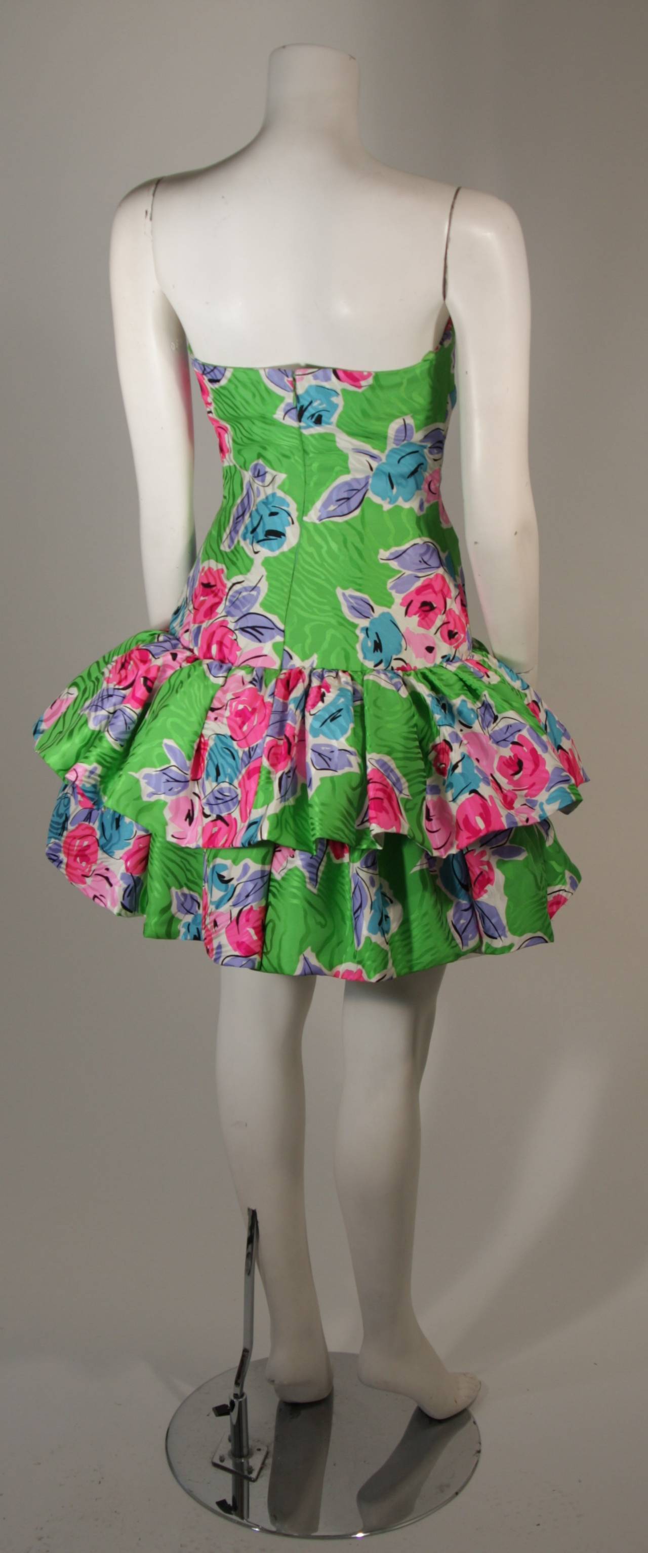 SCAASI Green Tropical Silk Cocktail Dress & Hot Pink Contrast Ruffle Wrap Size 4 3