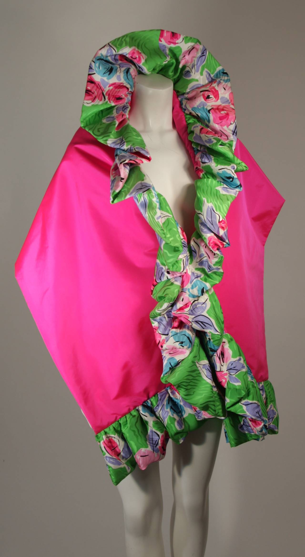 SCAASI Green Tropical Silk Cocktail Dress & Hot Pink Contrast Ruffle Wrap Size 4 4
