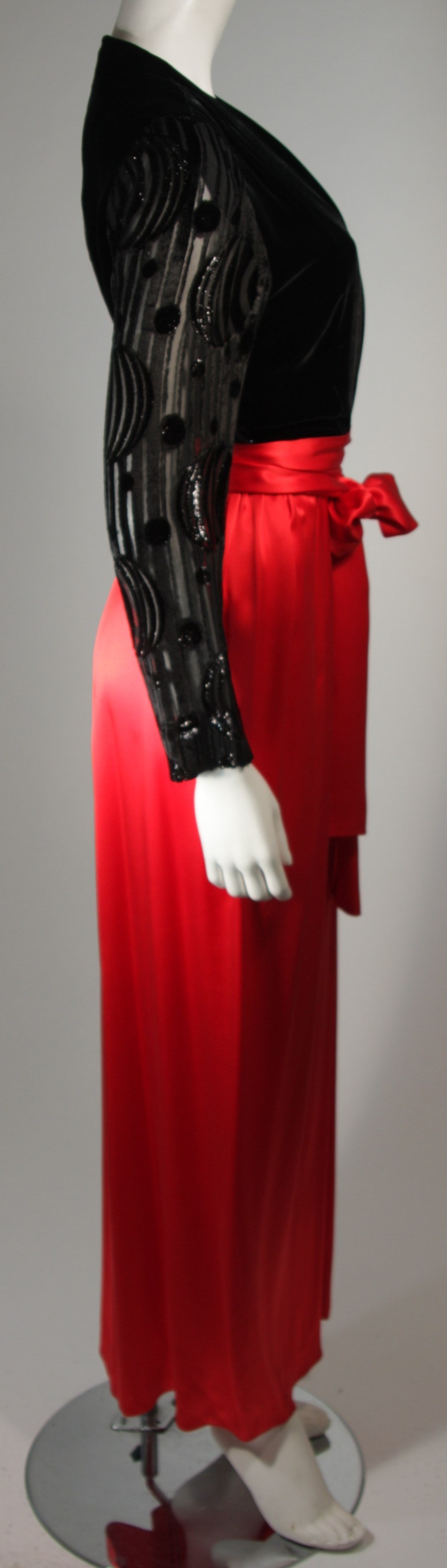 Women's Adele Simpson Burnout Black Velvet and Red Silk Gown Size Small For Sale