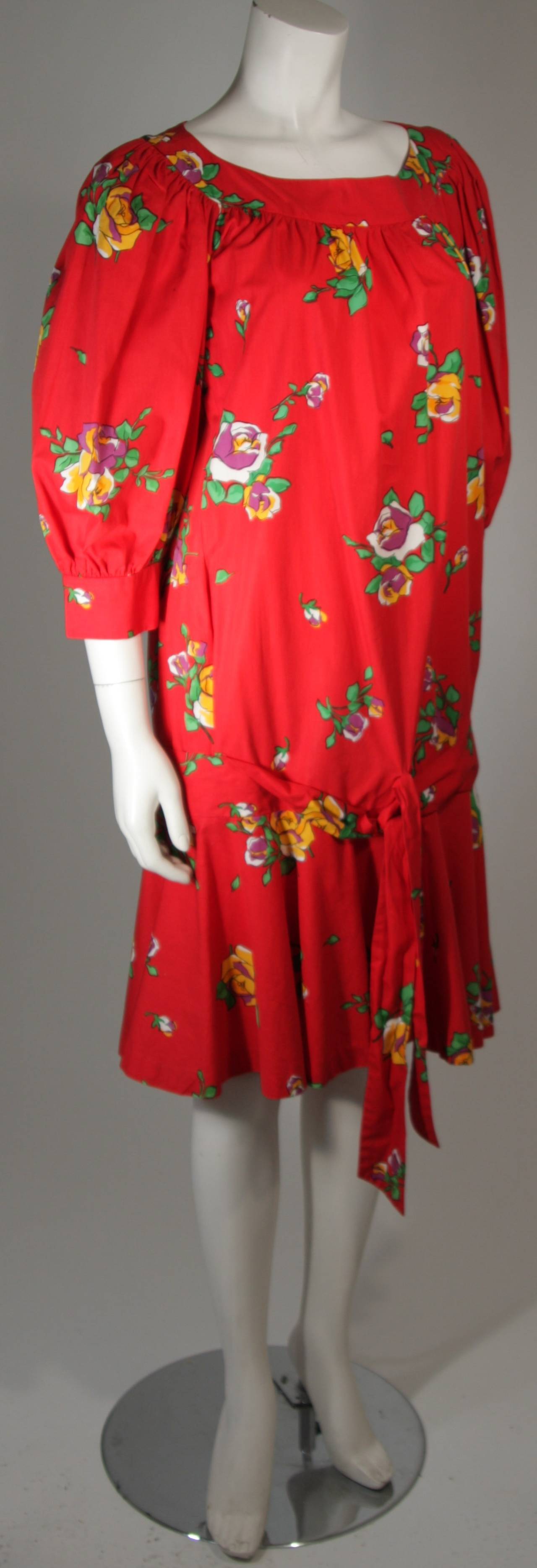 Women's Yves Saint Laurent Red Cotton Drop Waist Dress with Floral Motif Size 36 For Sale