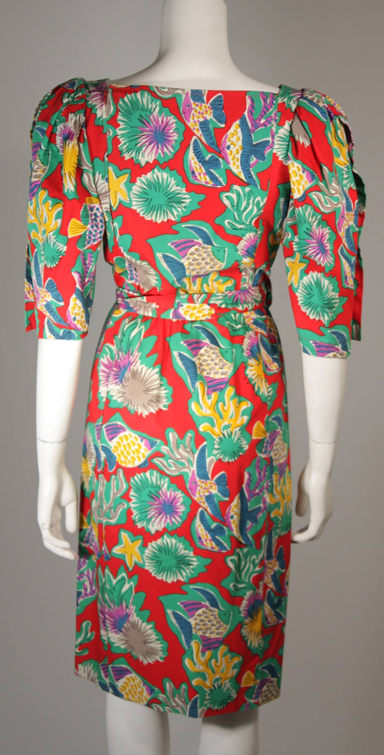 Yves Saint Laurent Red Cotton Belted Dress with Reef Life Pattern Size 38 In Excellent Condition For Sale In Los Angeles, CA