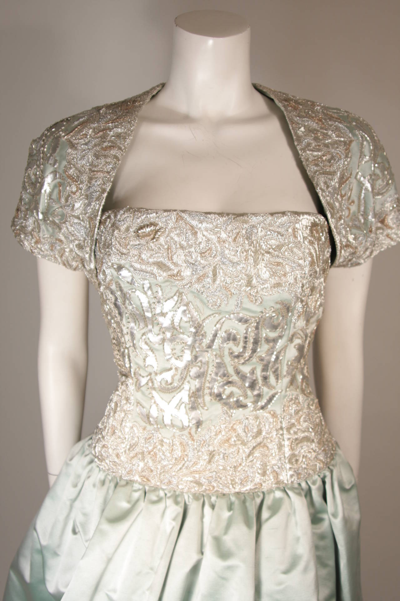 Oscar De La Renta Embellished Silk Aqua Evening Gown with Bolero Size 12 1