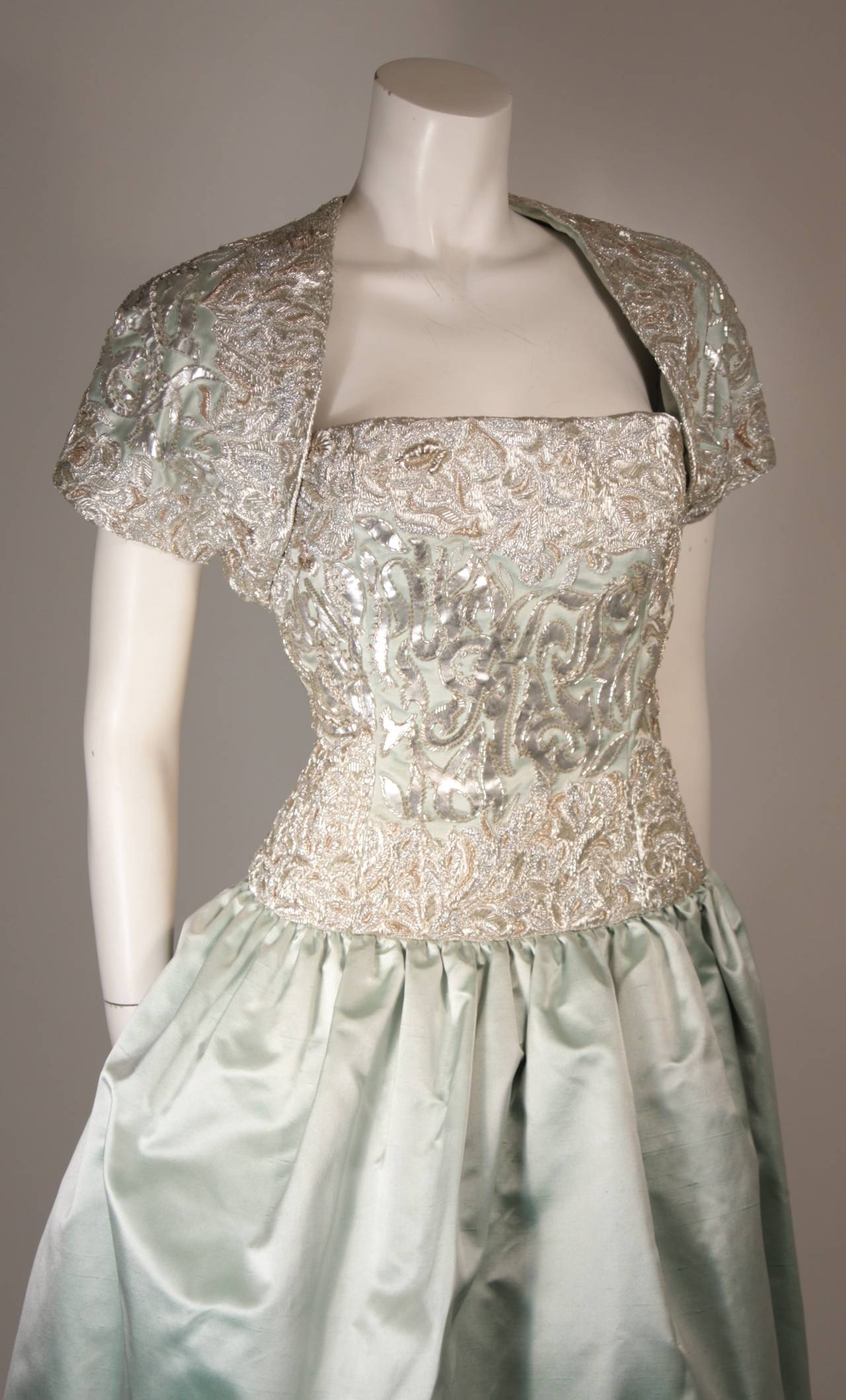 Women's Oscar De La Renta Embellished Silk Aqua Evening Gown with Bolero Size 12