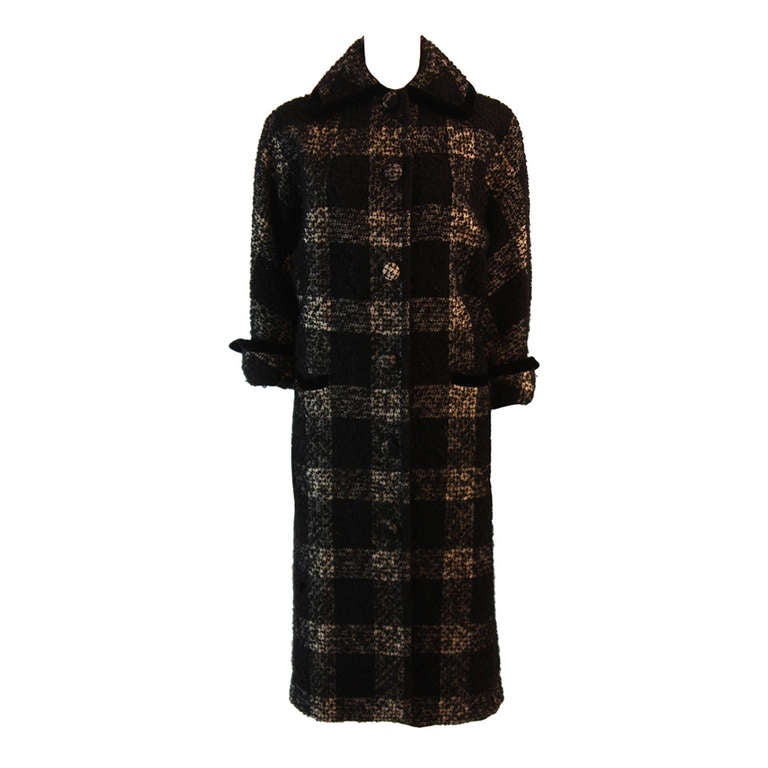 1950
s Don Loper White and Black Velvet Trim Checker Plaid Cocoon Coat