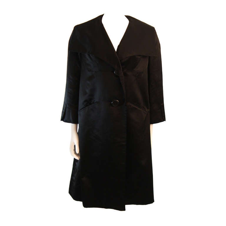 Superb 1960's Galanos Black Satin Opera Coat For Sale