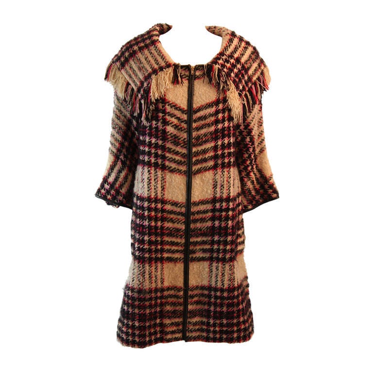 Bonnie Cashin Plaid Multi-Color Wool Coat with Leather Trim