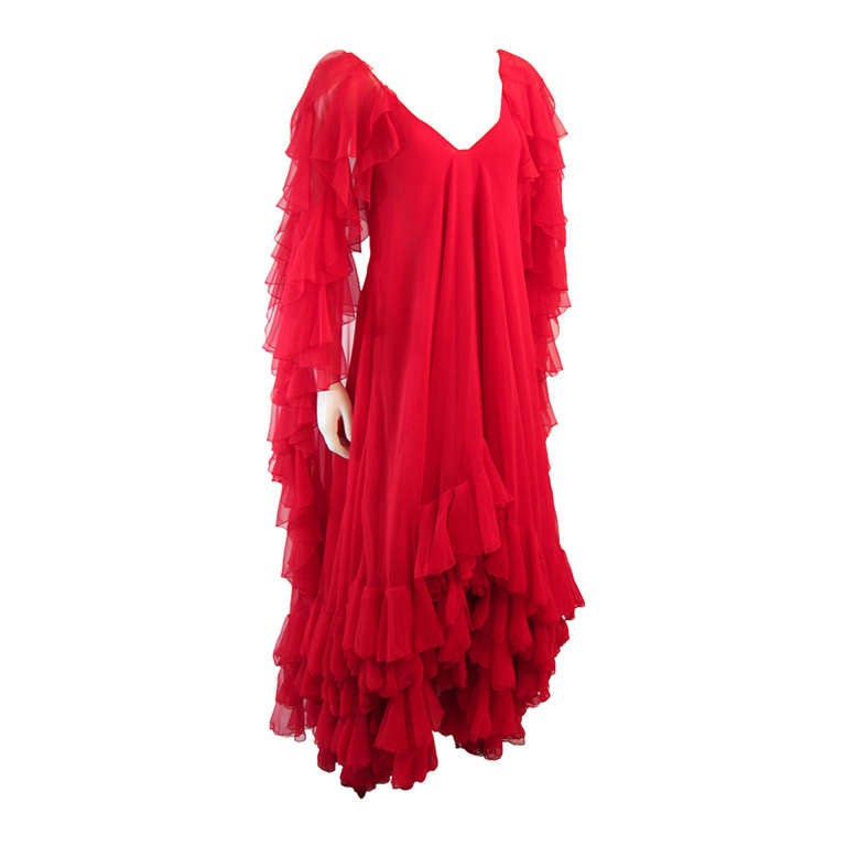Ruben Panis Red Chiffon Ruffle Gown Property of Magda Gabor, sister of Zsa Zsa For Sale