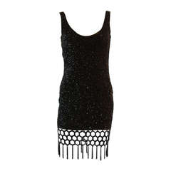 Vintage Naeem Kahn Black Beaded Cocktail Dress with Lattice Fringe Hem