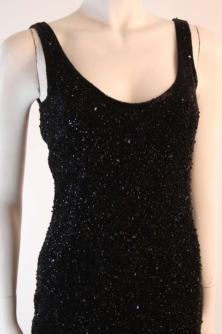 Naeem Kahn Black Beaded Cocktail Dress with Lattice Fringe Hem In Excellent Condition In Los Angeles, CA