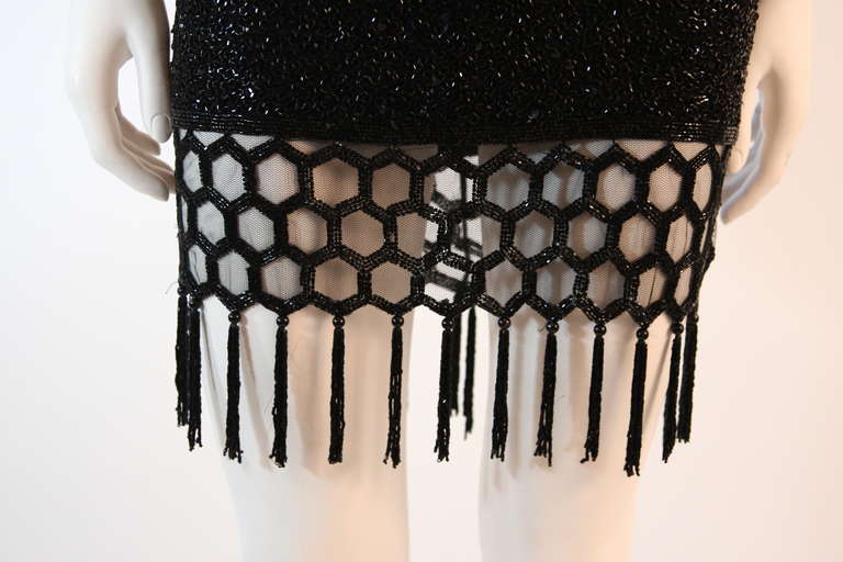 Women's Naeem Kahn Black Beaded Cocktail Dress with Lattice Fringe Hem