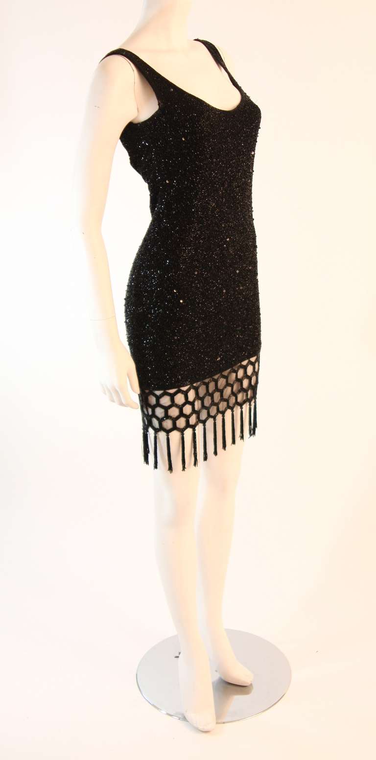 Naeem Kahn Black Beaded Cocktail Dress with Lattice Fringe Hem 1