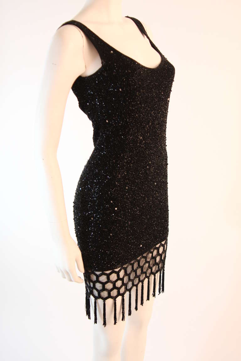 Naeem Kahn Black Beaded Cocktail Dress with Lattice Fringe Hem 2