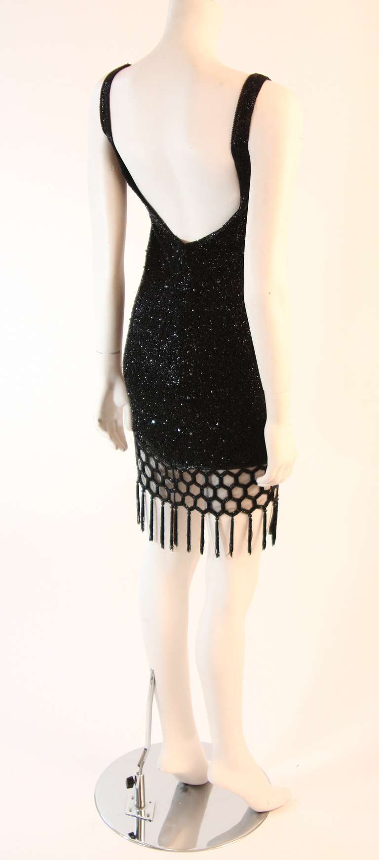 Naeem Kahn Black Beaded Cocktail Dress with Lattice Fringe Hem 4