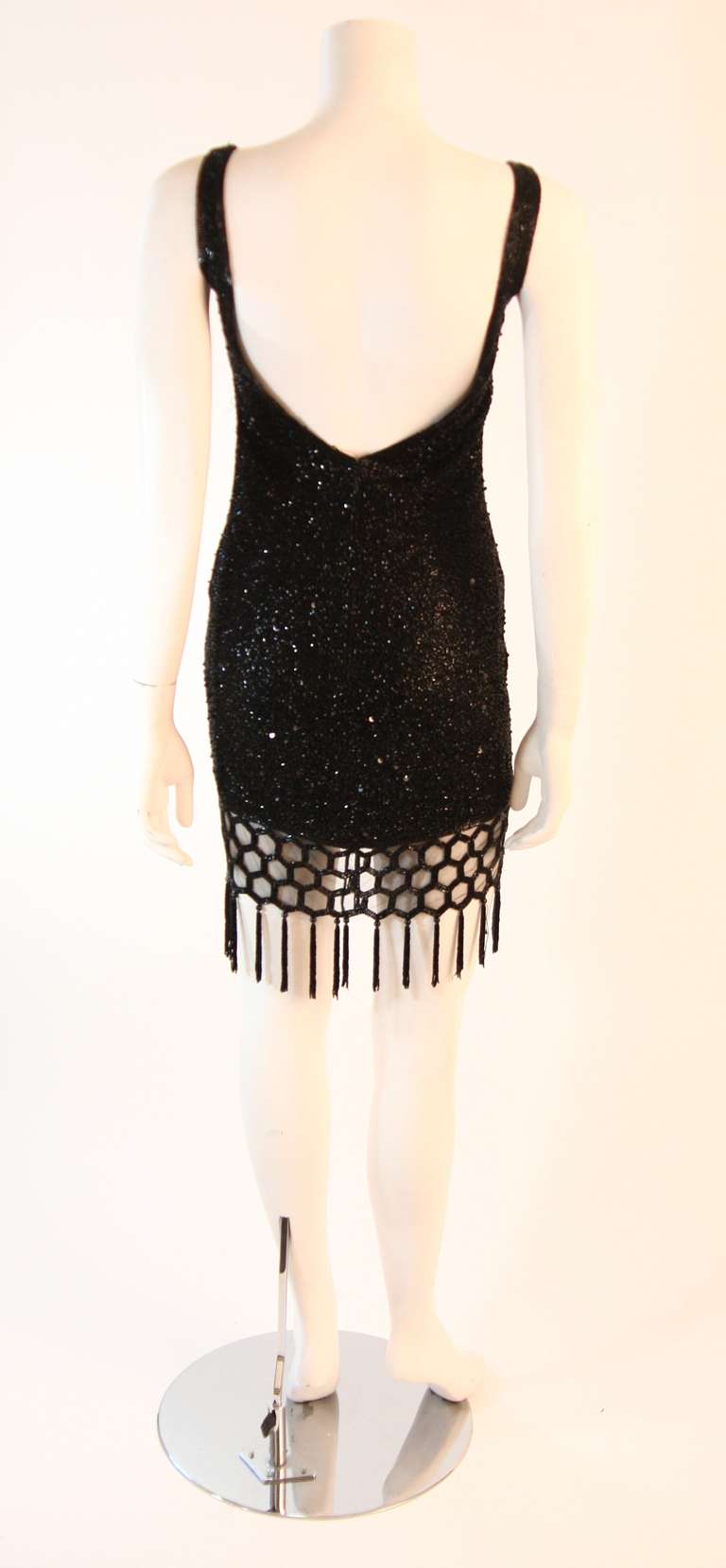Naeem Kahn Black Beaded Cocktail Dress with Lattice Fringe Hem 5