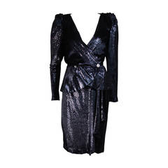 Vicky Tiel Navy Silk Metallic Skirt Suit Size 36 8
