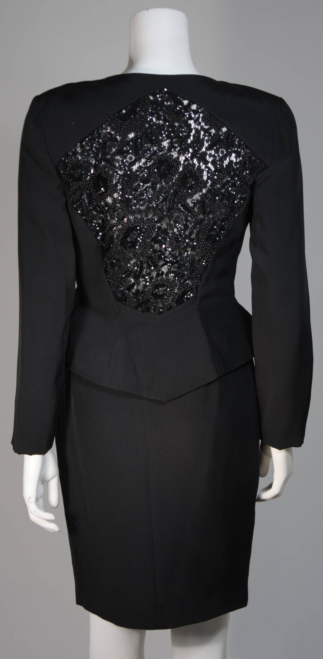 Vicky Tiel 3pc Black Silk Skirt Suit with Lace Back Panel Size Small 3