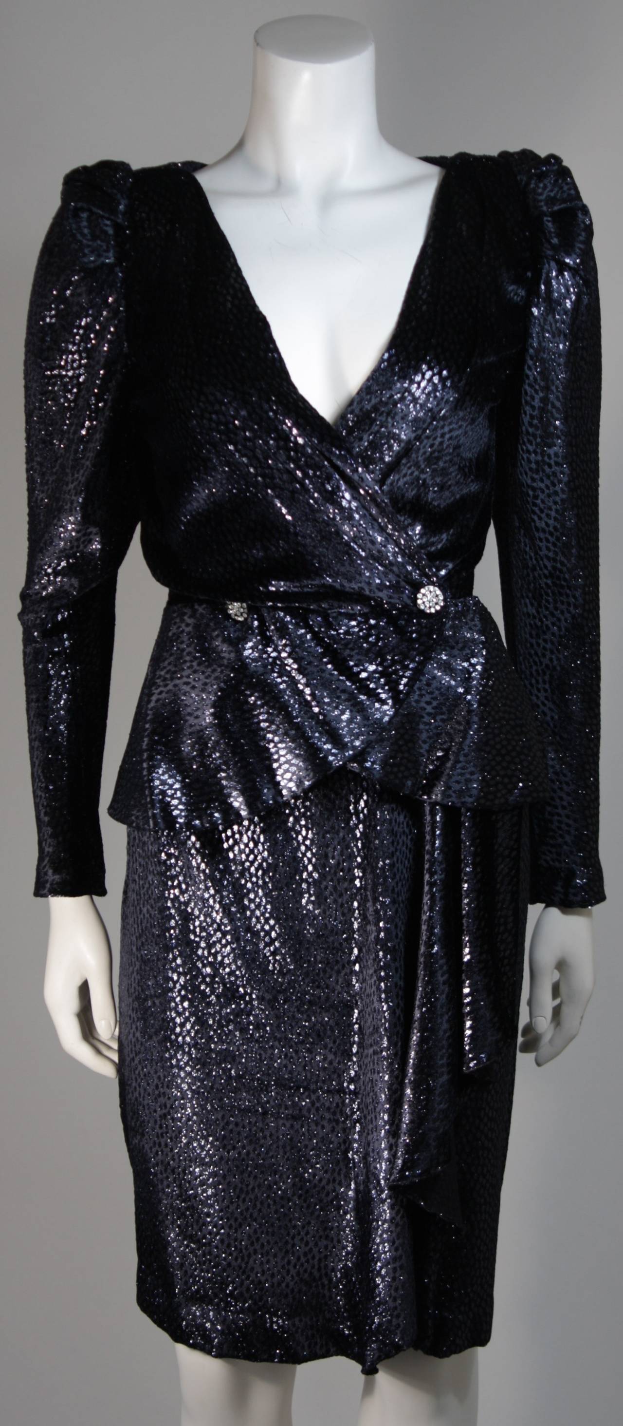 Black Vicky Tiel Navy Silk Metallic Skirt Suit Size 36