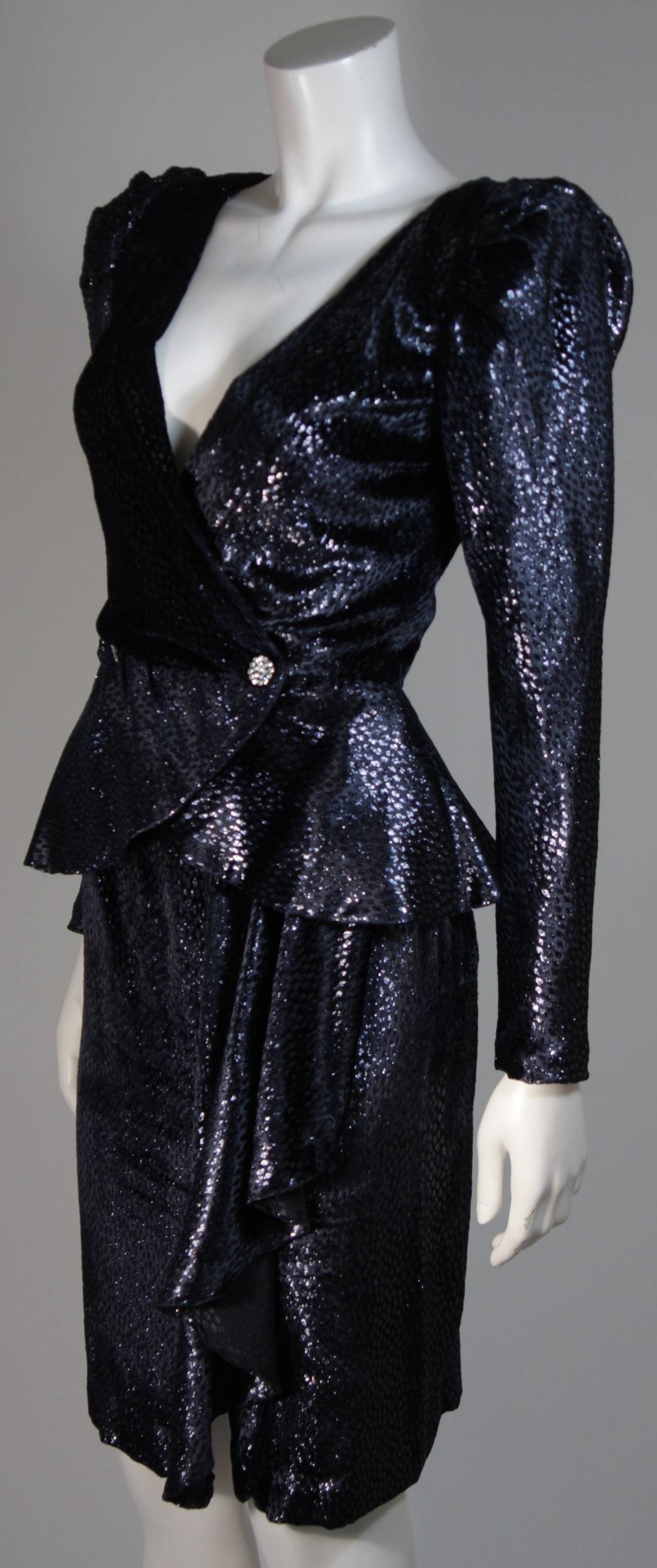 Vicky Tiel Navy Silk Metallic Skirt Suit Size 36 1