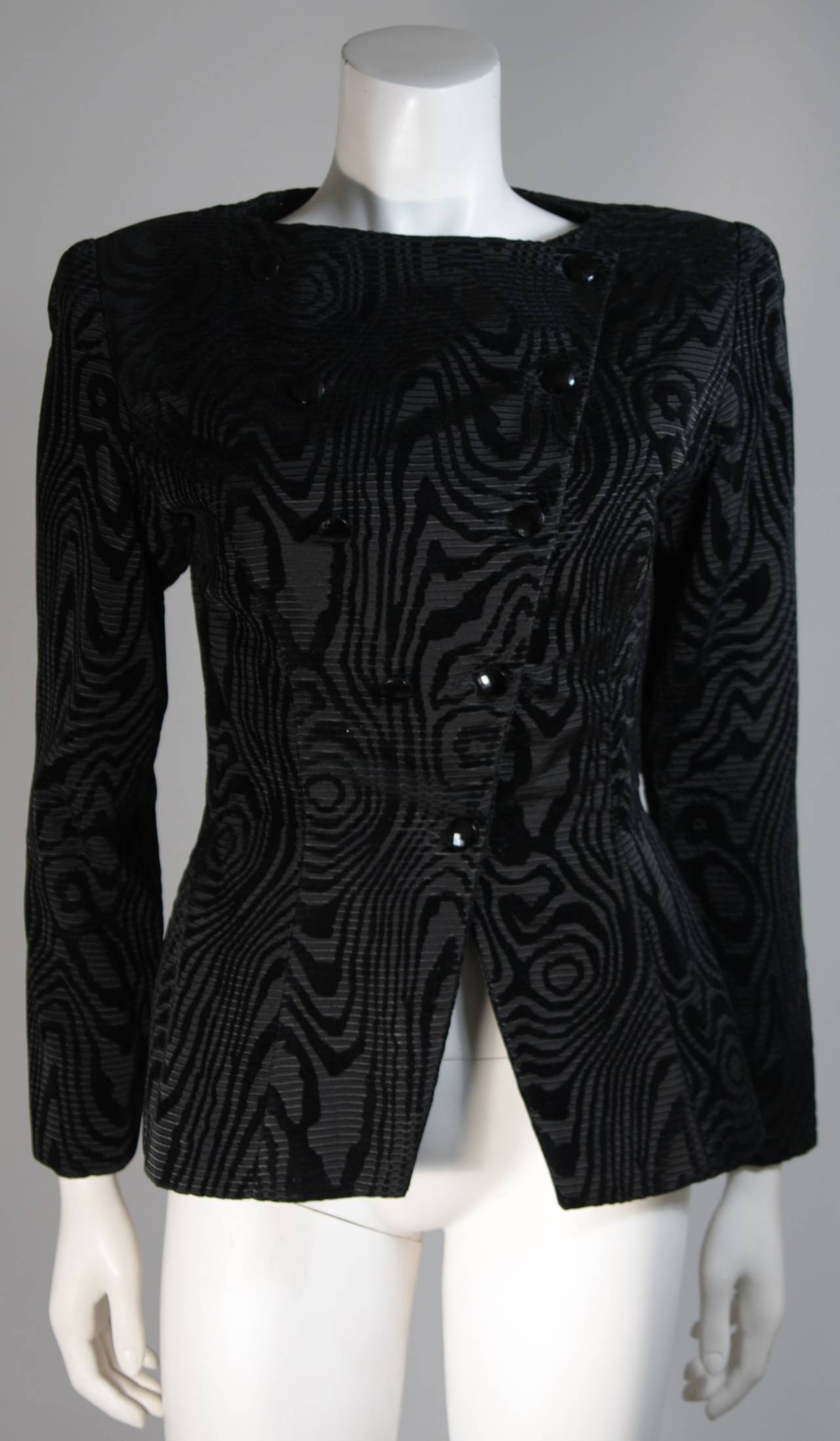 Vicky Tiel Black Silk Skirt Suit with Patterned Velvet Accents Size 38 4