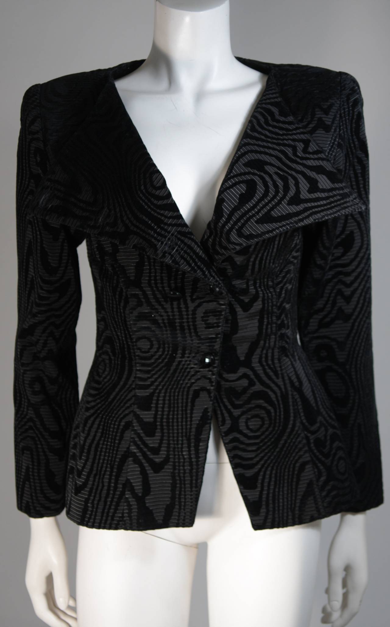 Vicky Tiel Black Silk Skirt Suit with Patterned Velvet Accents Size 38 3