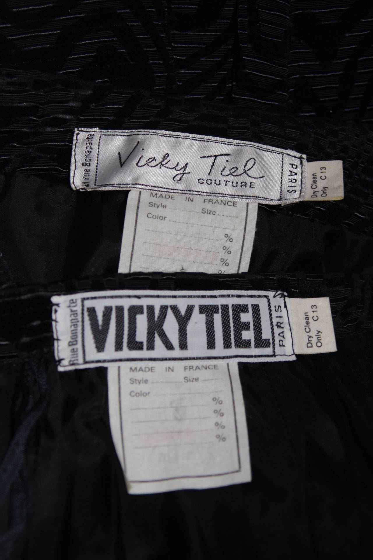 Vicky Tiel Black Silk Skirt Suit with Patterned Velvet Accents Size 38 6