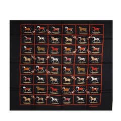 Used Hermes Black Multi-Color Silk Twill Scarf with Race Horses Ribbon and Tack