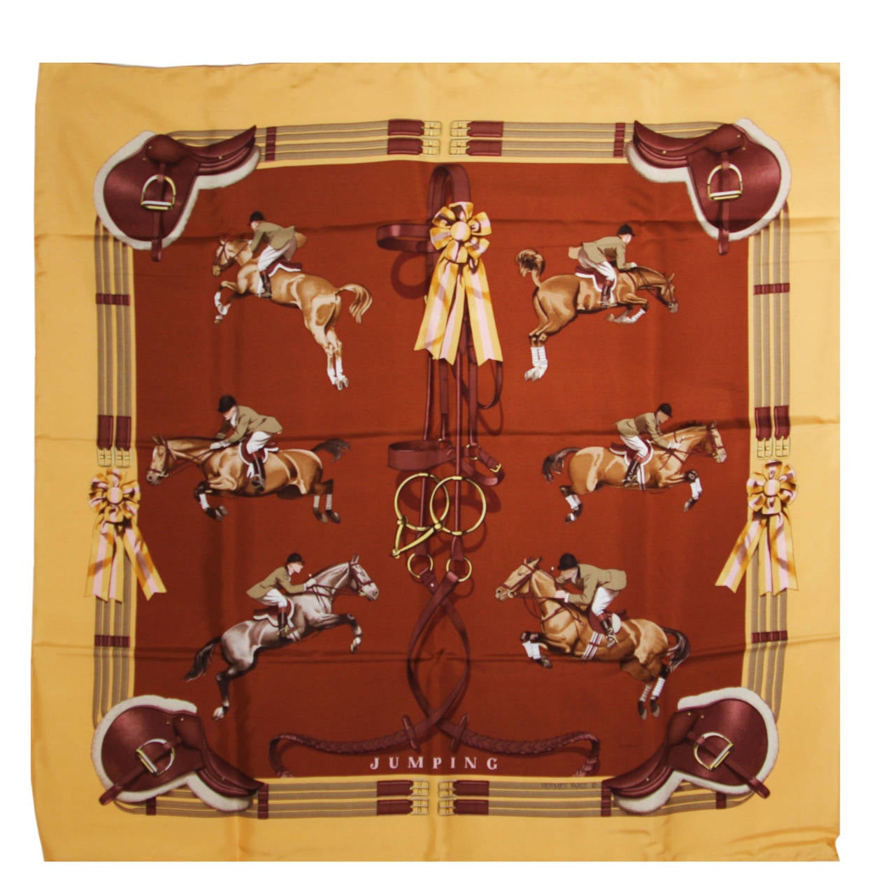 Hermes Jumping Equestrian Print Earthtone Silk Twill Scarf by LE DOUX w. Box
