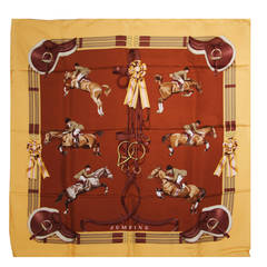 Vintage Hermes Jumping Equestrian Print Earthtone Silk Twill Scarf by LE DOUX w. Box