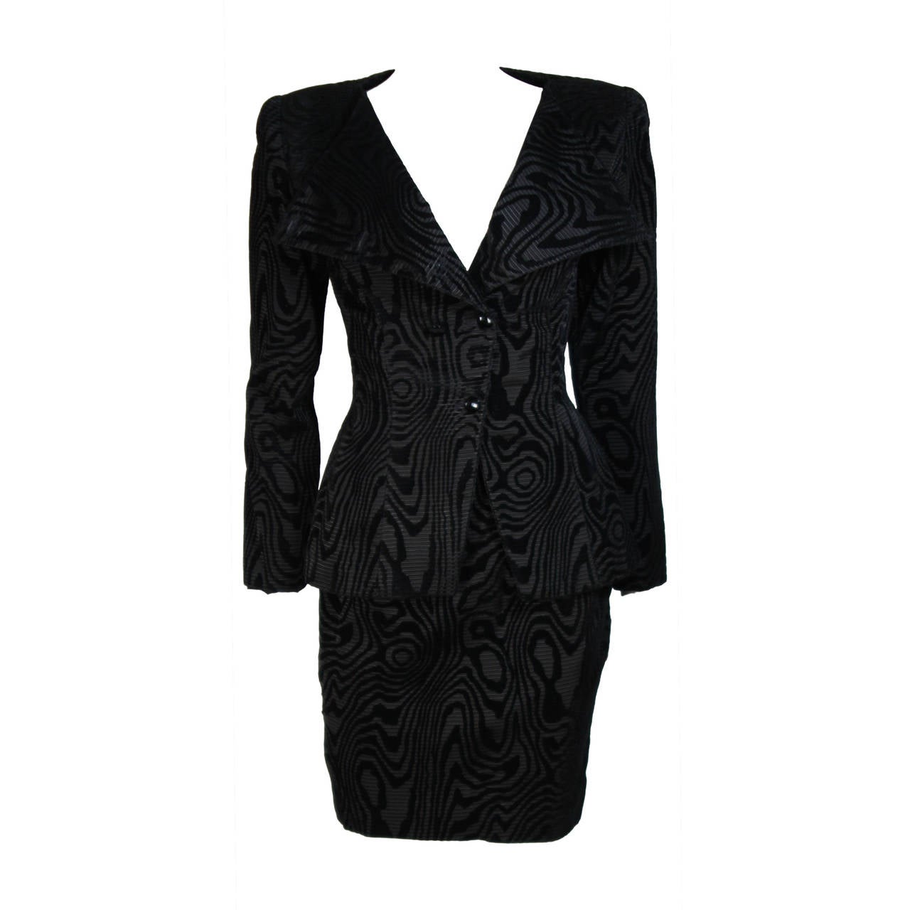 Vicky Tiel Black Silk Skirt Suit with Patterned Velvet Accents Size 38