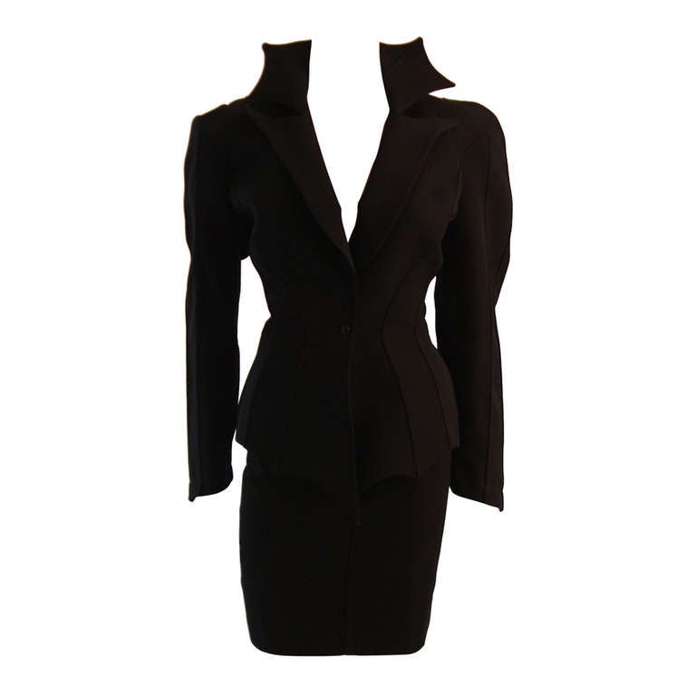 Thierry Mugler Black Wool Wicked Pointed Web Collar Suit Size 42 at 1stDibs