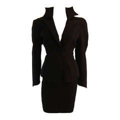 Retro Thierry Mugler Black Wool Wicked Pointed Web Collar Suit Size 42
