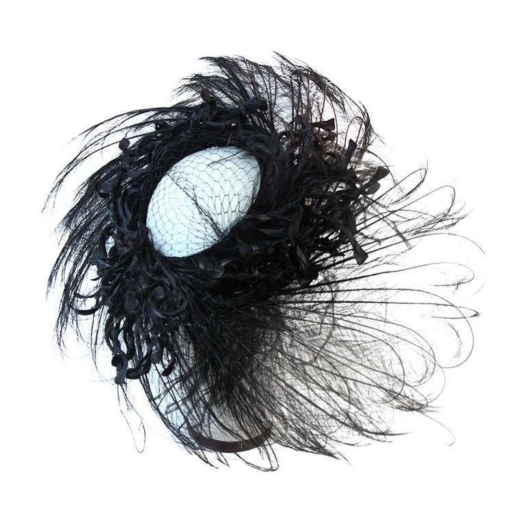 Upon a Time 1930's Dramatic Black Egret Feather Brim Net Crown & Silk Tendrils