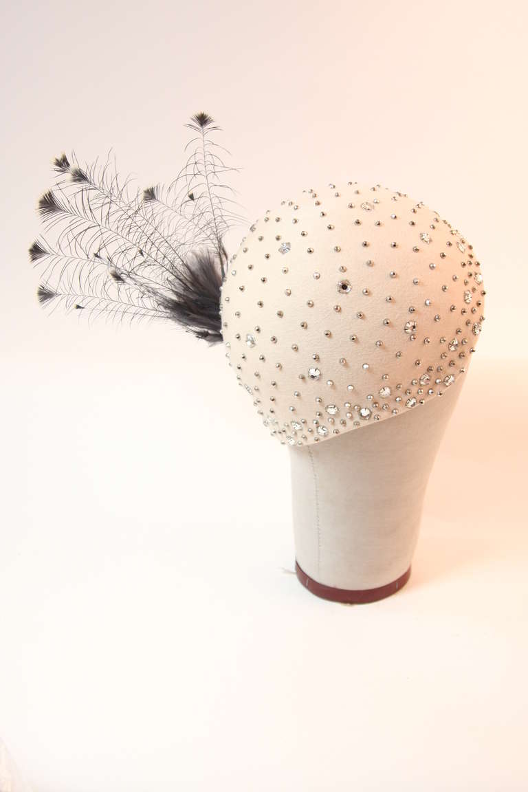 Women's Deco Style Adolfo Realities Cream Rhinestone Cloche Cap Silver Peacock Feathers