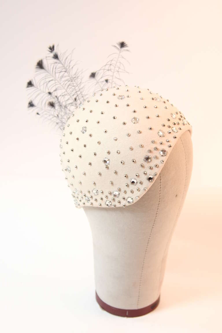 Beige Deco Style Adolfo Realities Cream Rhinestone Cloche Cap Silver Peacock Feathers