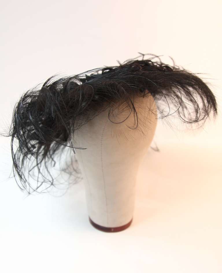 Upon a Time 1930's Dramatic Black Egret Feather Brim Net Crown & Silk Tendrils In Excellent Condition In Los Angeles, CA