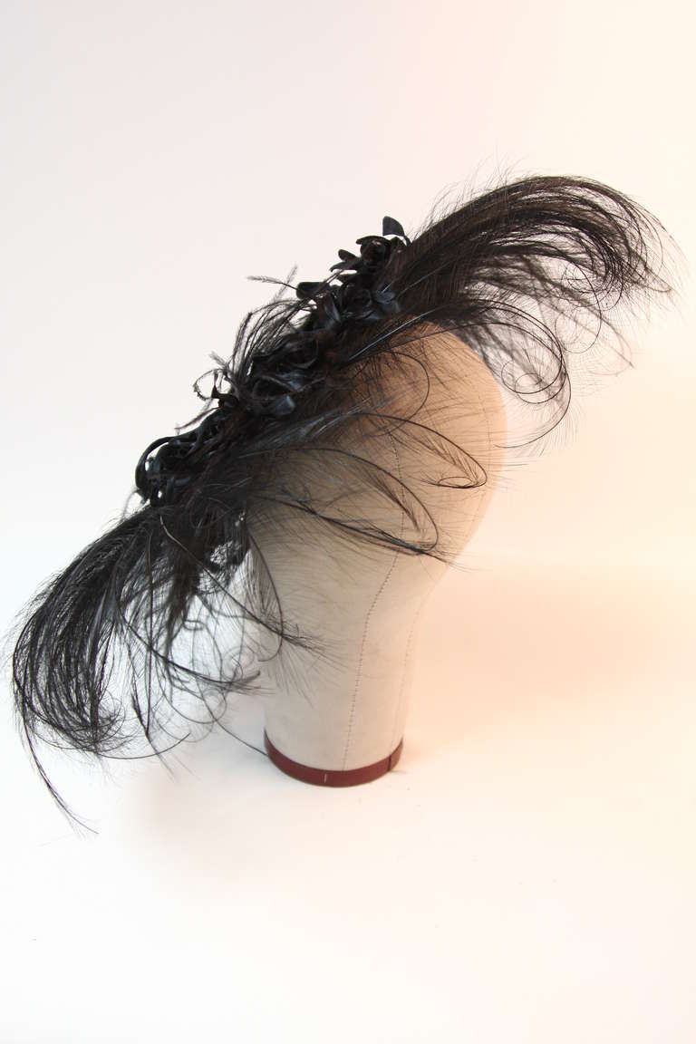 Upon a Time 1930's Dramatic Black Egret Feather Brim Net Crown & Silk Tendrils 1