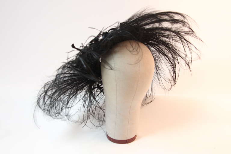 Upon a Time 1930's Dramatic Black Egret Feather Brim Net Crown & Silk Tendrils 2