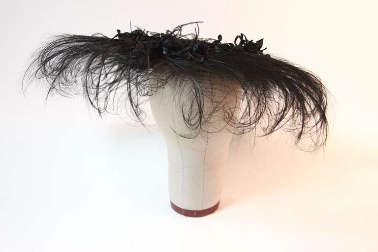 Upon a Time 1930's Dramatic Black Egret Feather Brim Net Crown & Silk Tendrils 3