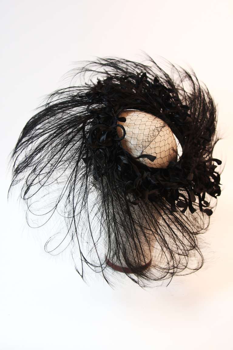 Upon a Time 1930's Dramatic Black Egret Feather Brim Net Crown & Silk Tendrils 4