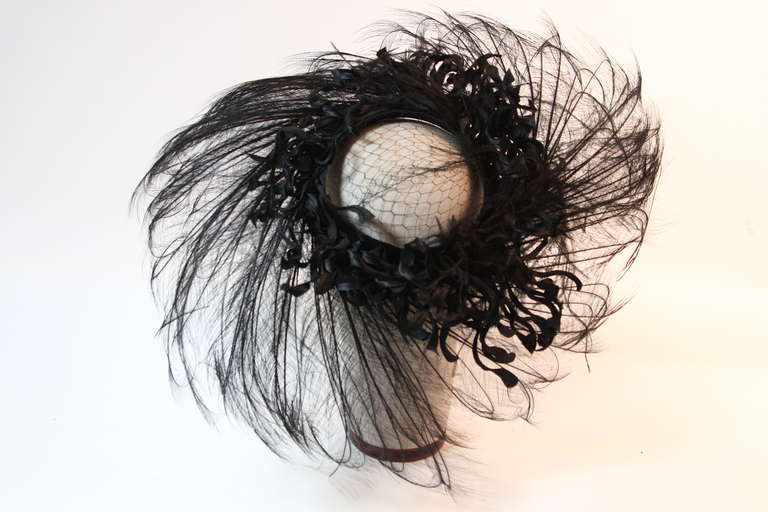 Upon a Time 1930's Dramatic Black Egret Feather Brim Net Crown & Silk Tendrils 5