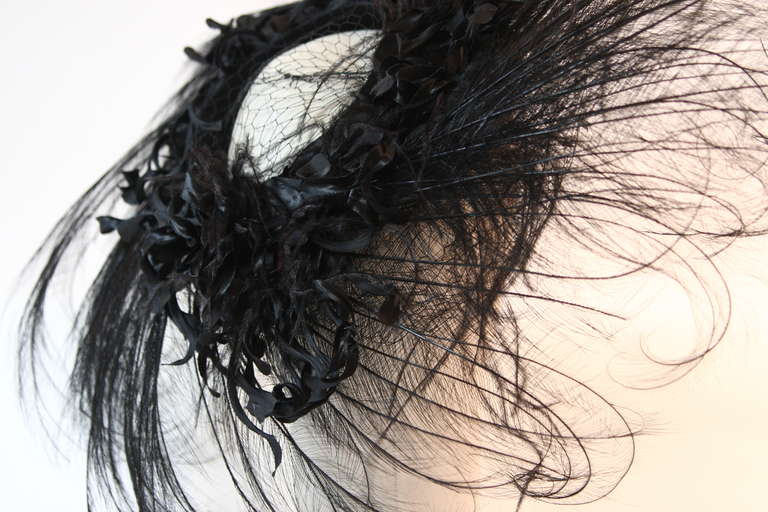 Upon a Time 1930's Dramatic Black Egret Feather Brim Net Crown & Silk Tendrils 6