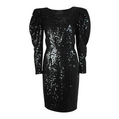 Vicky Tiel Black Sequin Cocktail Dress with Draped Sleeves 
Lace Back Size 4 6