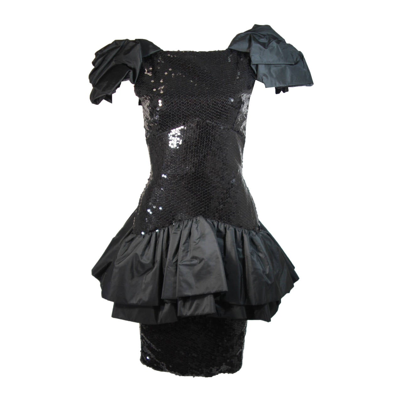 Vicky Tiel Black Sequin Cocktail Dress with Dramatic Gathers Size 38