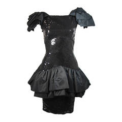 Vicky Tiel Black Sequin Cocktail Dress with Dramatic Gathers Size 38 11