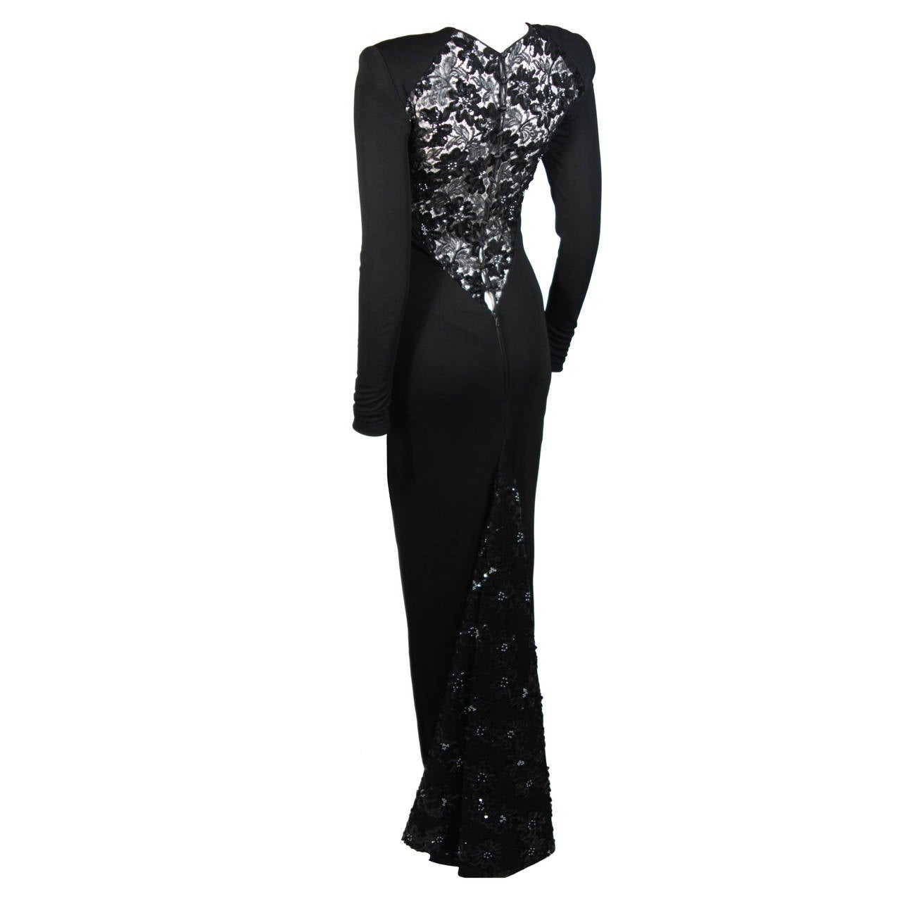 Vicky Tiel Black Jersey Gown with Sequin Lace Accents Size Small