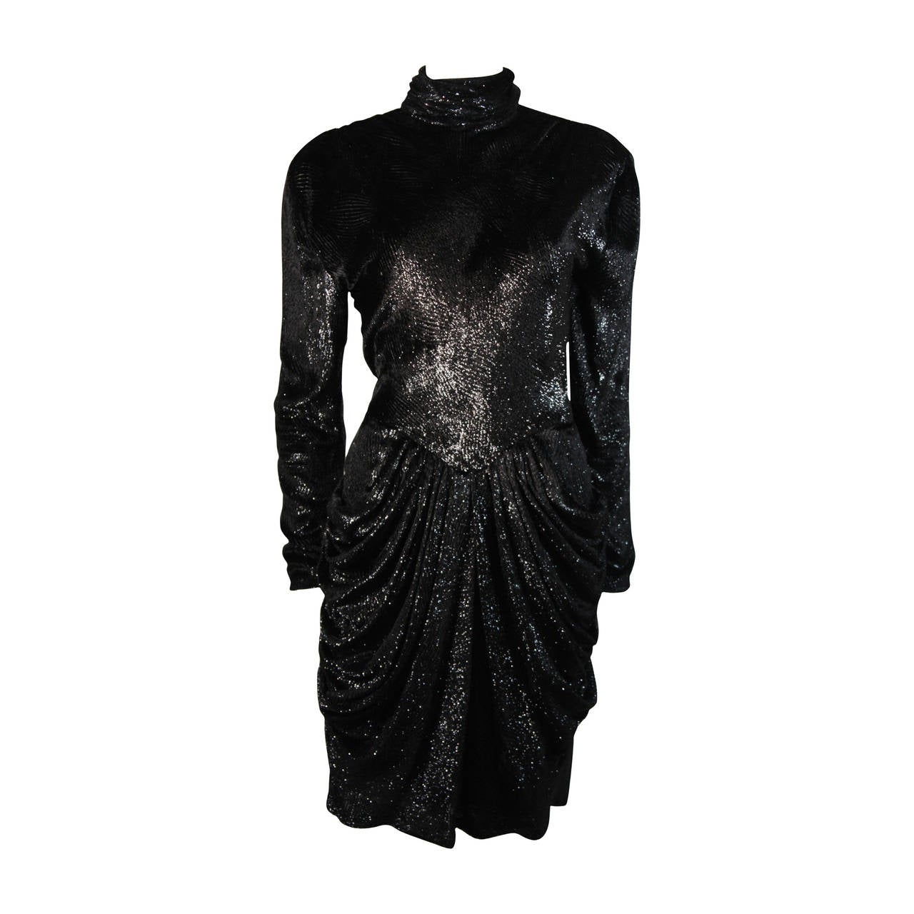 Vicky Tiel Black Metallic Panne Velvet Cocktail Dress with Drape Skirt Small